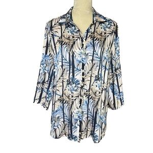 Chico’s Women’s Blue Floral Print Top Size 2 Regular Size L Roll Tab Sleeves